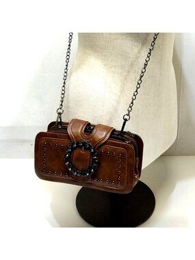 Crossbody Purse Clutch Rhinestone Buckle Studs Chain Strap Punk Style Mult Comp